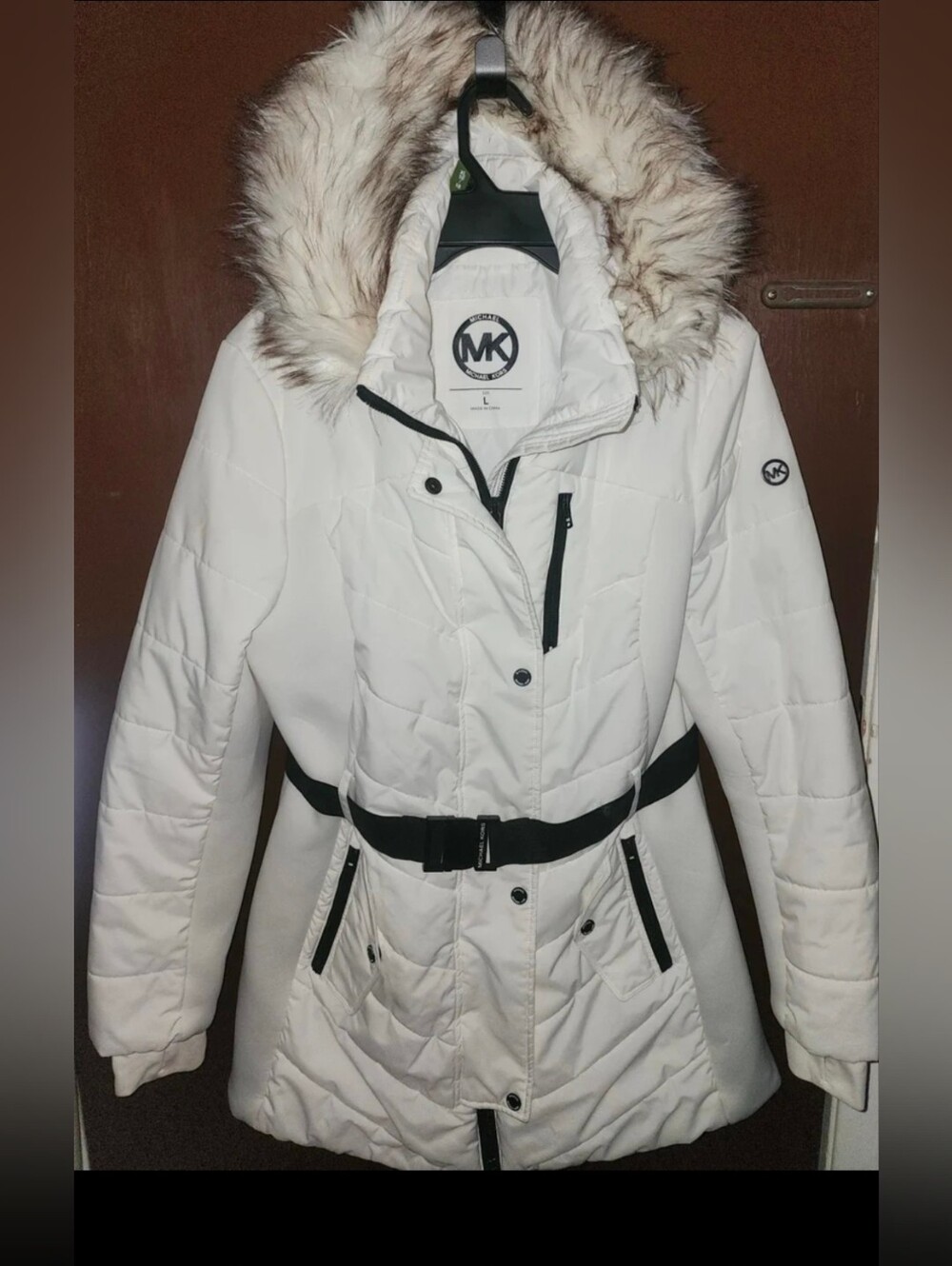 Michael Kors Womens Faux Fur Trim Quilted White Puffer Jacket Belted Winter Coat